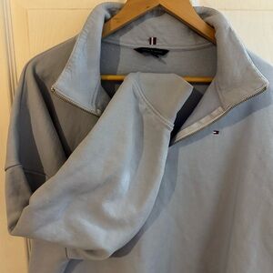 Tommy Hilfiger Light Blue Cropped Quarter Zip Sweater XL Gold Detail